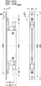 Flush bolt, with folding lever, square, 285 mm