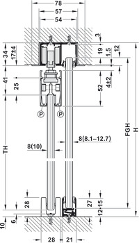 Sliding door fitting, Häfele Slido D-Line11 50L / 80L / 120L, set without running track